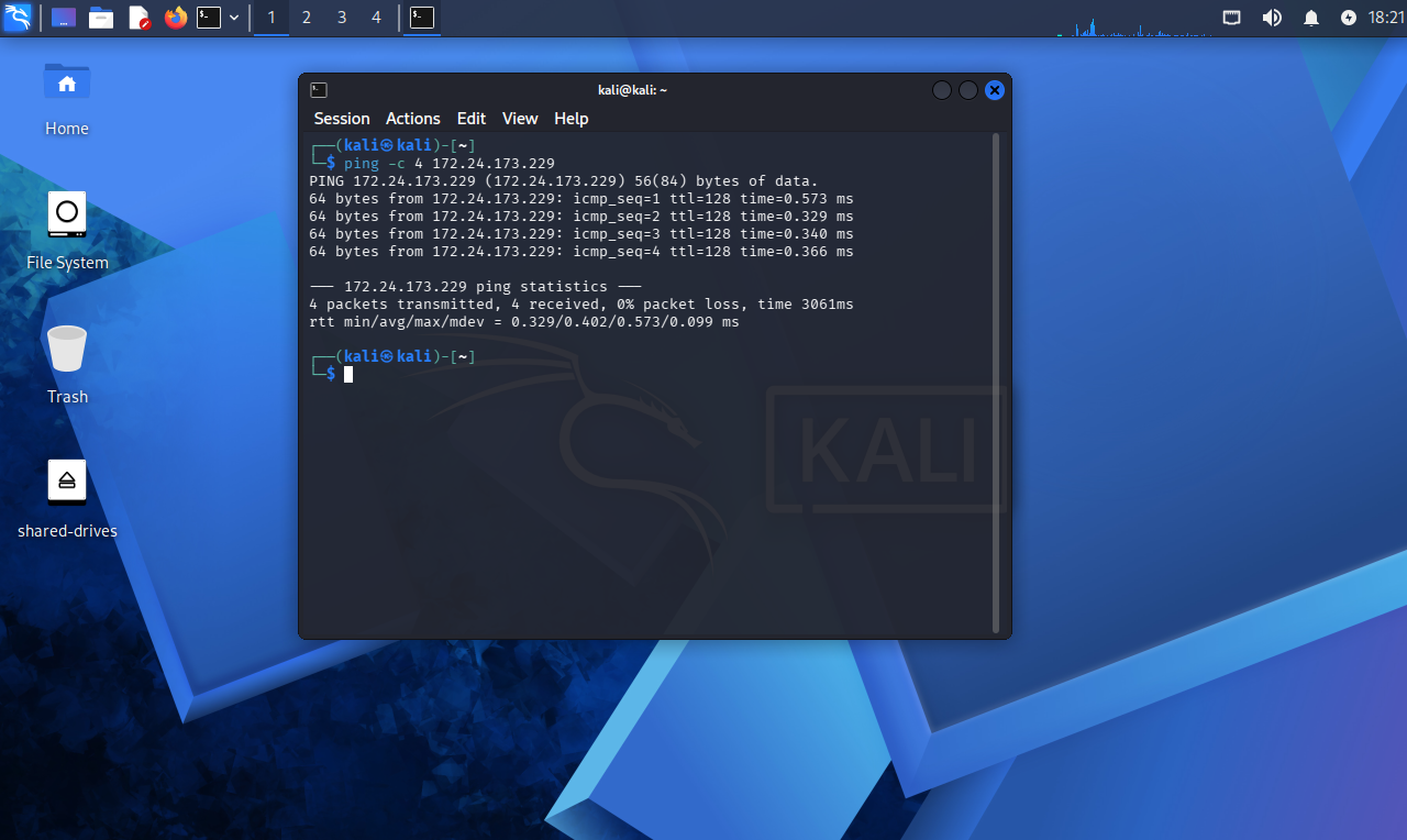 Ping do Kali para o Domain Controller