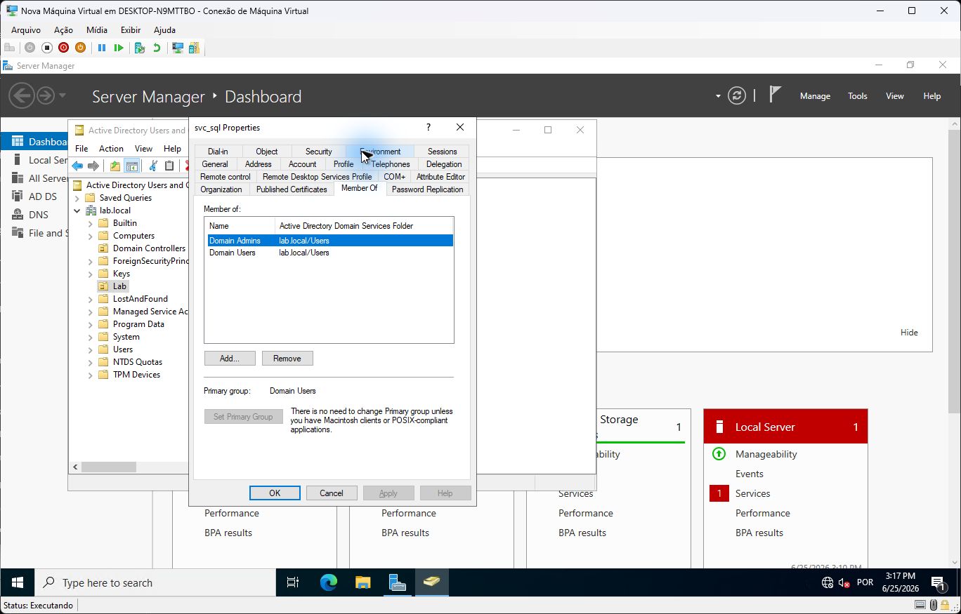 Conta svc_sql associada ao grupo Domain Admins